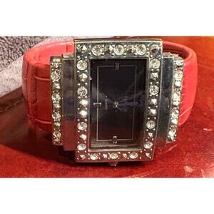 Women's silver Tone Bijoux Terner Bangle Bracelet Watch, Red Leather Wrapped,